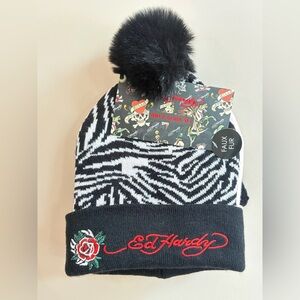 Ed Hardy Beanie Hat & Glove Set, Y2K Pompom Zebra & Rhinestone Skull Design